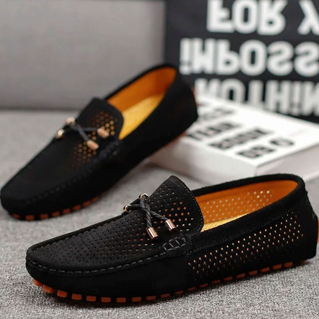 Men's Perforated Suede Slip-On Loafers Contrast Sole
