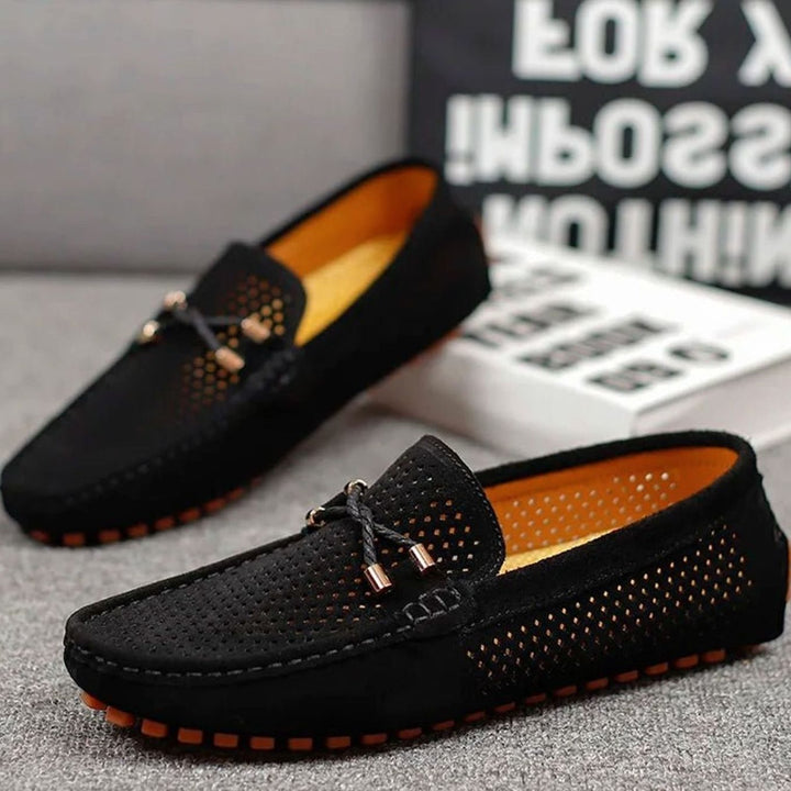 Men's Perforated Suede Slip-On Loafers Contrast Sole