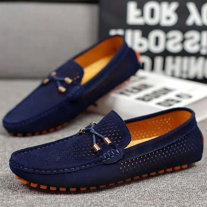 Men's Perforated Suede Slip-On Loafers Contrast Sole