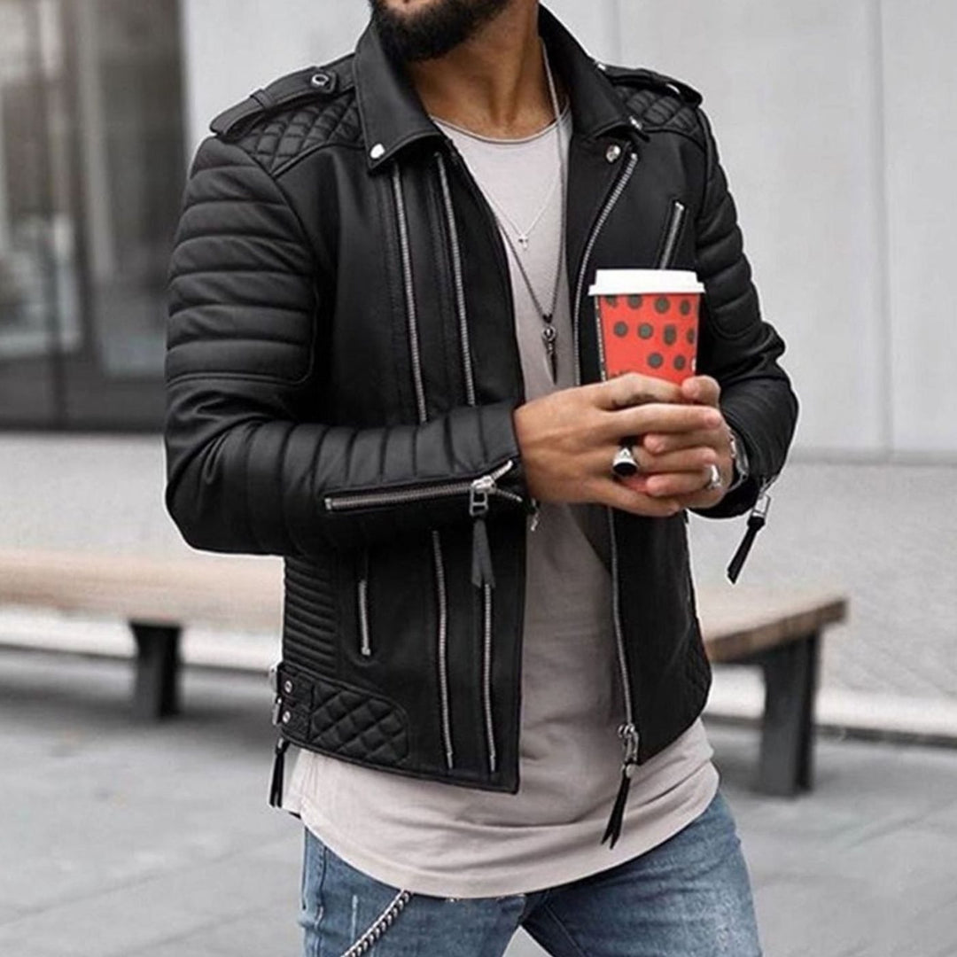 Men's Quilted Faux Leather Biker Jacket Multi-Zip