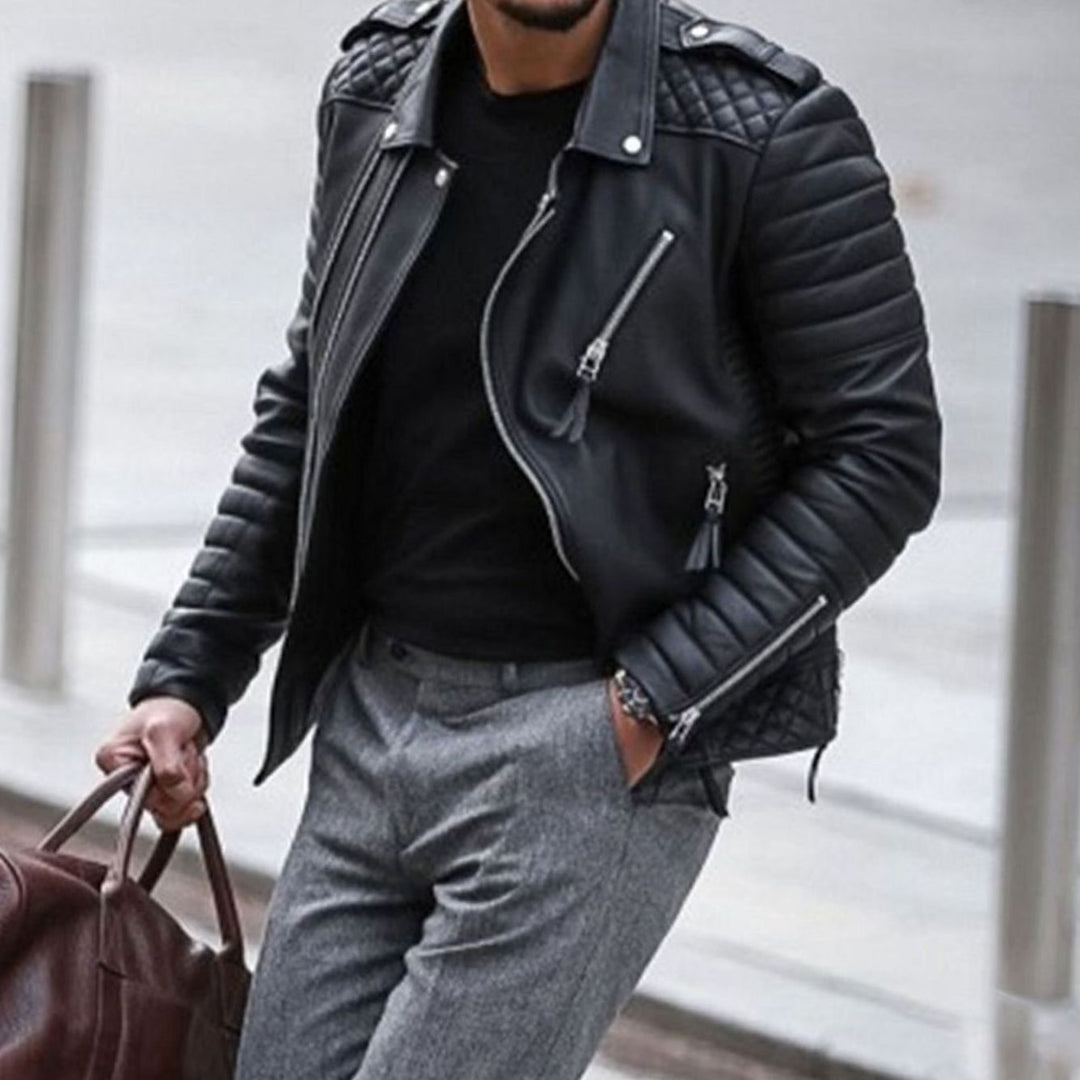 Men's Quilted Faux Leather Biker Jacket Multi-Zip
