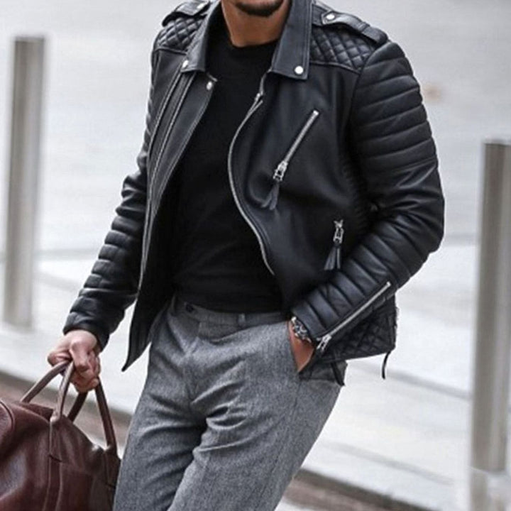 Men's Quilted Faux Leather Biker Jacket Multi-Zip