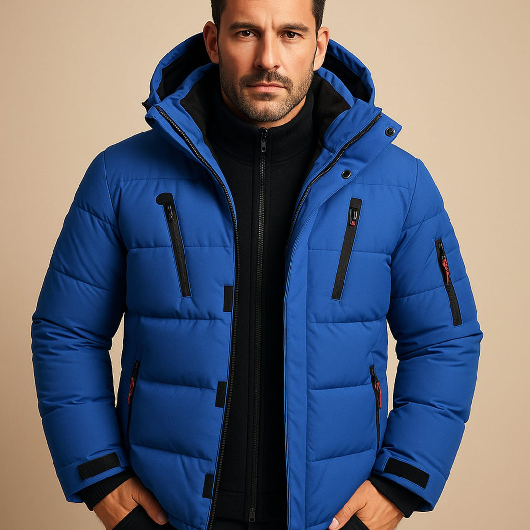 Men's Quilted Hooded Puffer Jacket Multi-Pocket Zip-Up Winter Coat