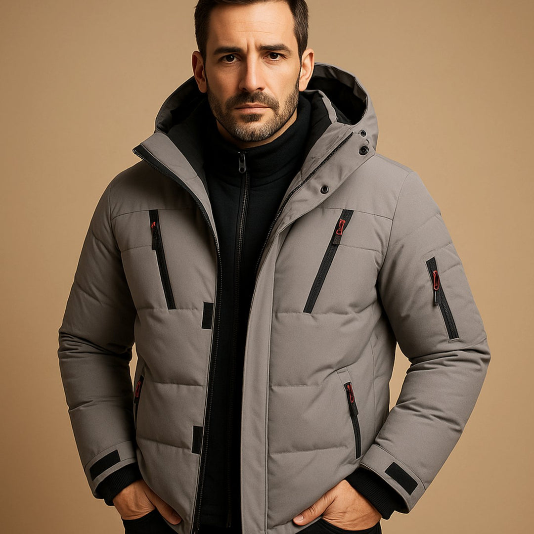 Men's Quilted Hooded Puffer Jacket Multi-Pocket Zip-Up Winter Coat