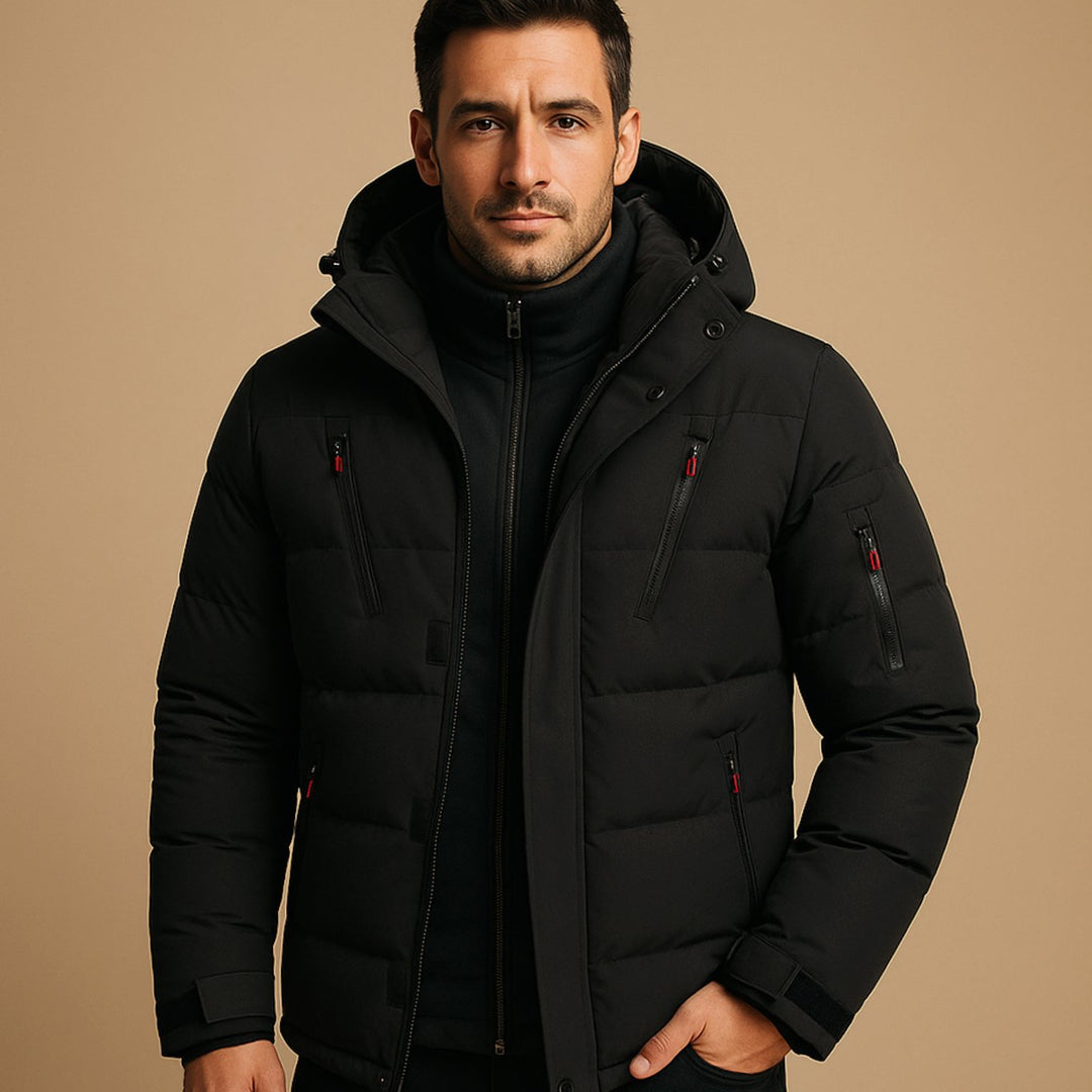 Men's Quilted Hooded Puffer Jacket Multi-Pocket Zip-Up Winter Coat