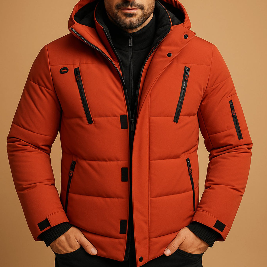 Men's Quilted Hooded Puffer Jacket Multi-Pocket Zip-Up Winter Coat