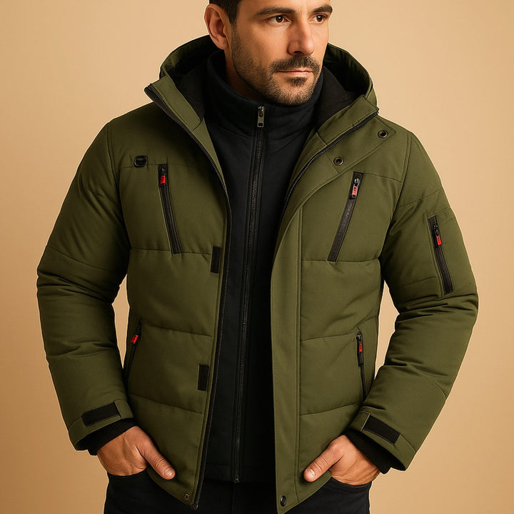 Men's Quilted Hooded Puffer Jacket Multi-Pocket Zip-Up Winter Coat