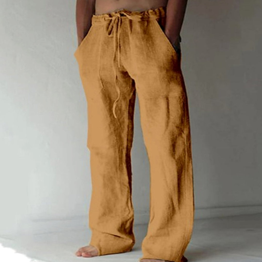 Men's Relaxed-Fit Drawstring Linen-Look Straight-Leg Trousers