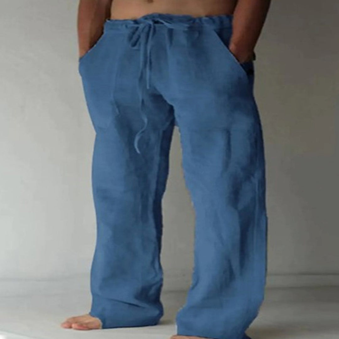 Men's Relaxed-Fit Drawstring Linen-Look Straight-Leg Trousers