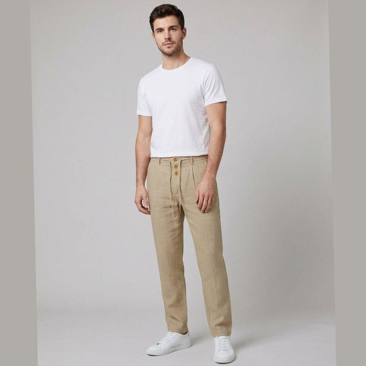 Men's Relaxed-Fit Pleated Linen Drawstring Trousers