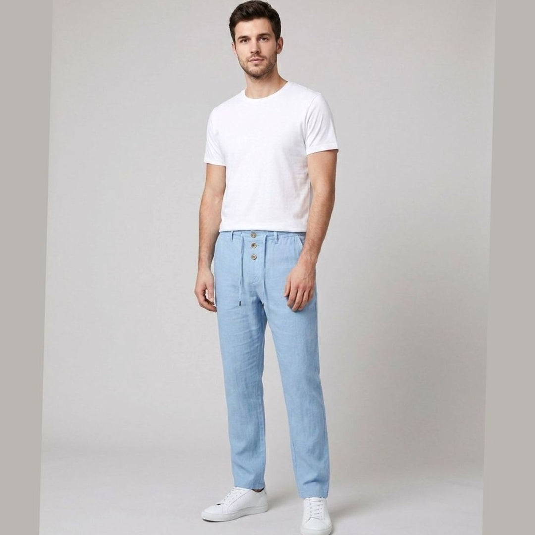 Men's Relaxed-Fit Pleated Linen Drawstring Trousers