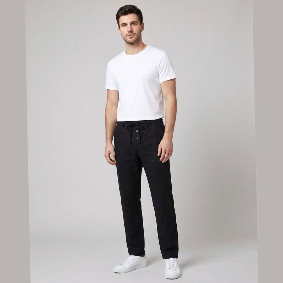 Men's Relaxed-Fit Pleated Linen Drawstring Trousers