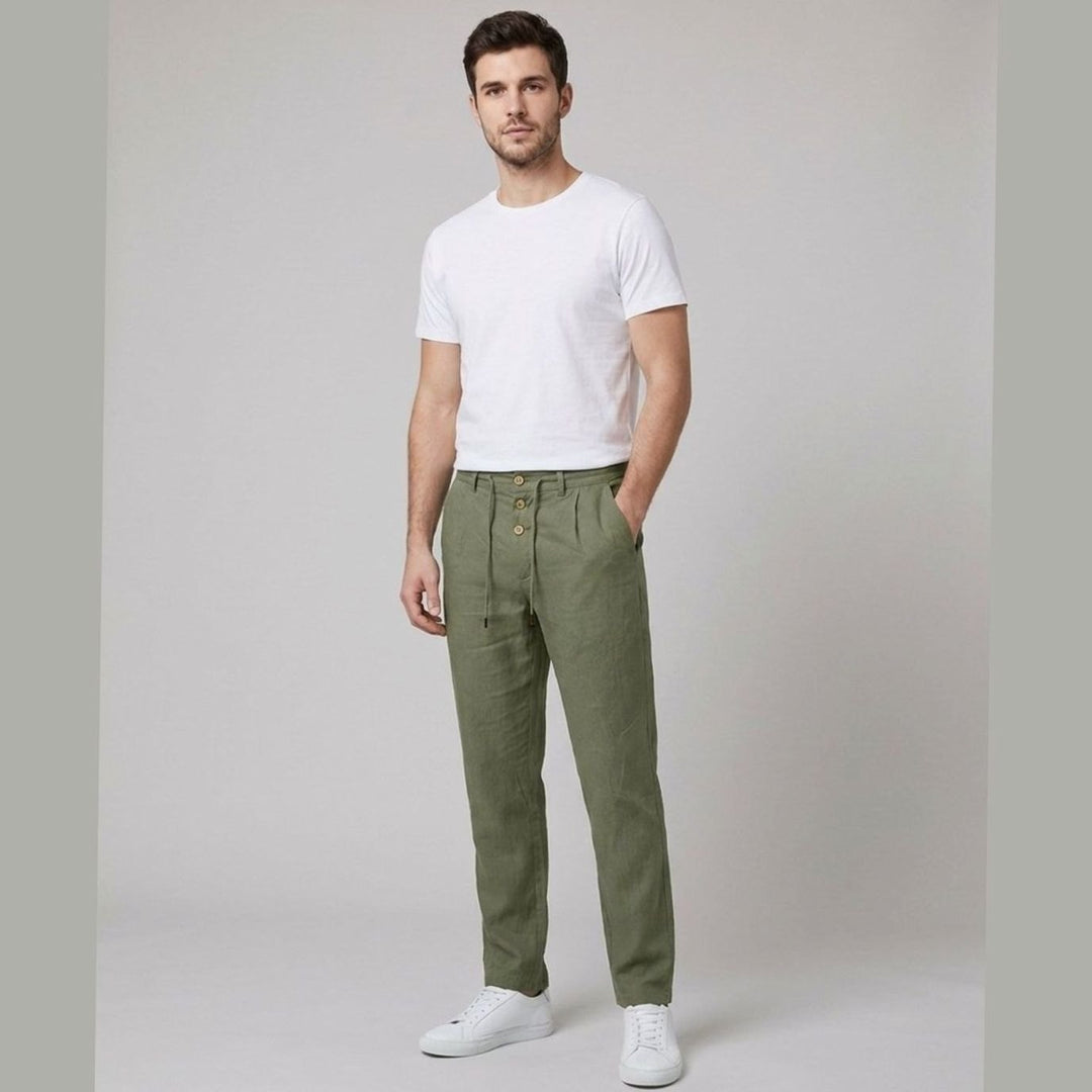 Men's Relaxed-Fit Pleated Linen Drawstring Trousers