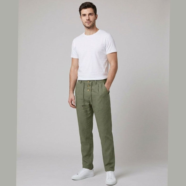 Men's Relaxed-Fit Pleated Linen Drawstring Trousers
