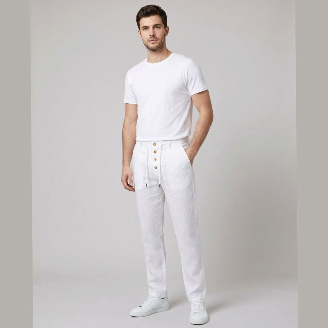 Men's Relaxed-Fit Pleated Linen Drawstring Trousers