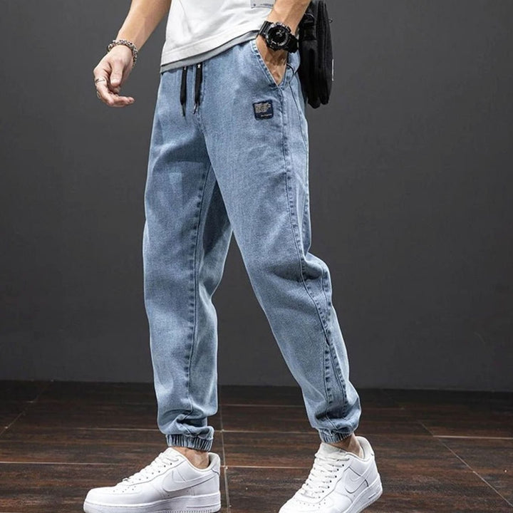Men's Relaxed-Tapered Stretch Denim Jogger Trousers Elasticated Waist