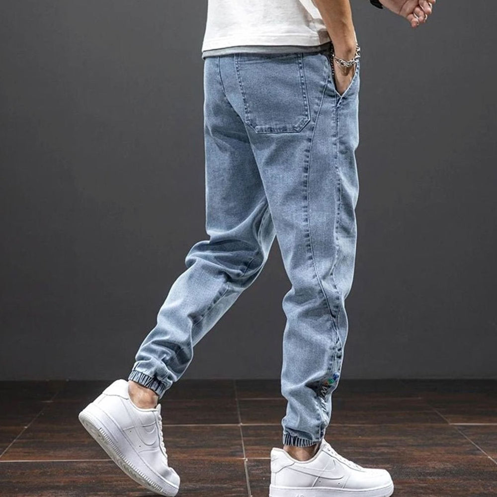 Men's Relaxed-Tapered Stretch Denim Jogger Trousers Elasticated Waist