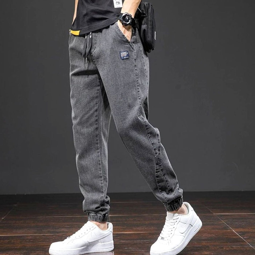 Men's Relaxed-Tapered Stretch Denim Jogger Trousers Elasticated Waist