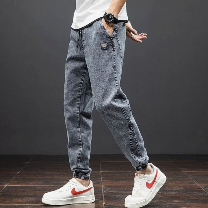 Men's Relaxed-Tapered Stretch Denim Jogger Trousers Elasticated Waist