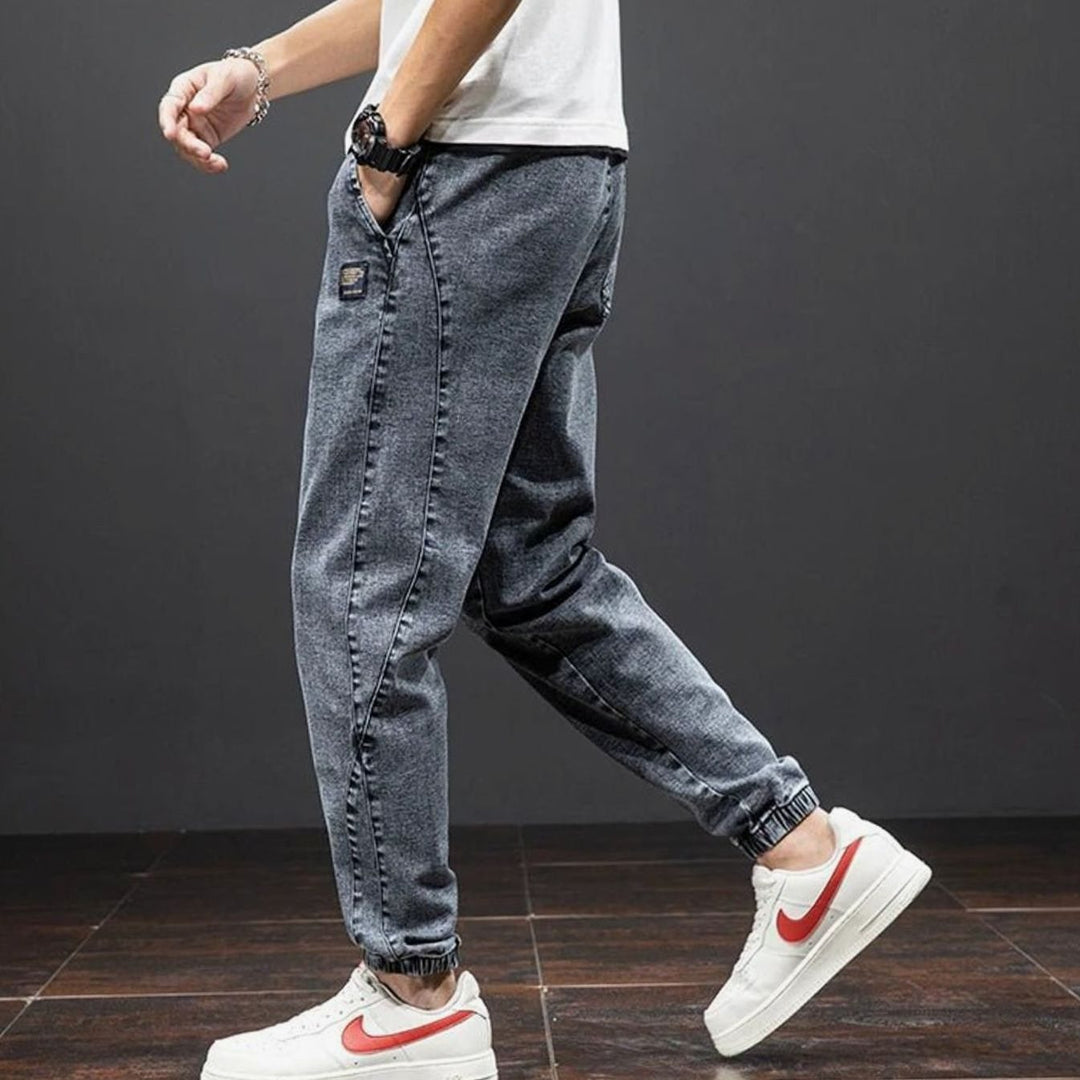 Men's Relaxed-Tapered Stretch Denim Jogger Trousers Elasticated Waist