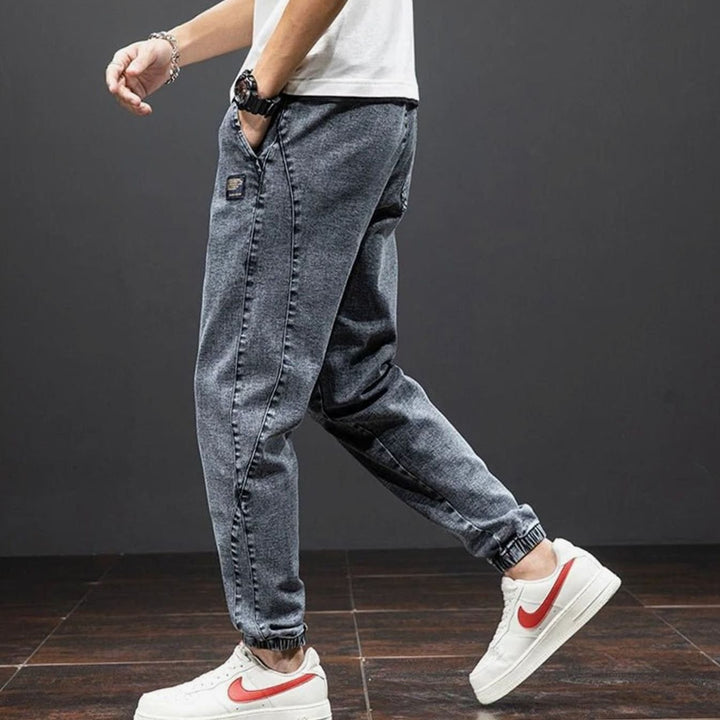 Men's Relaxed-Tapered Stretch Denim Jogger Trousers Elasticated Waist