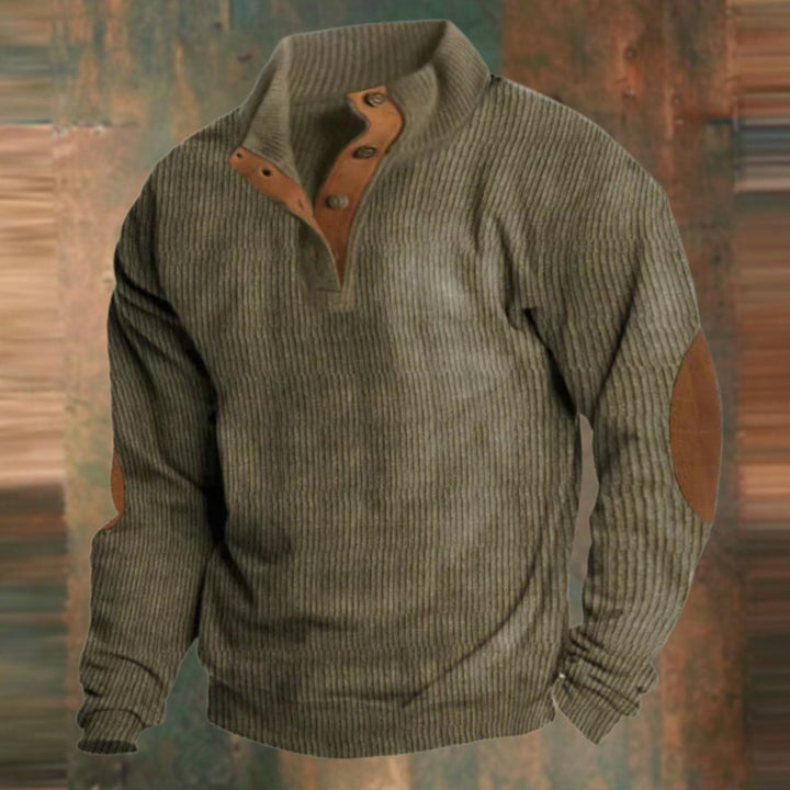 Men's Ribbed Button-Collar Elbow-Patch Pullover Jumper