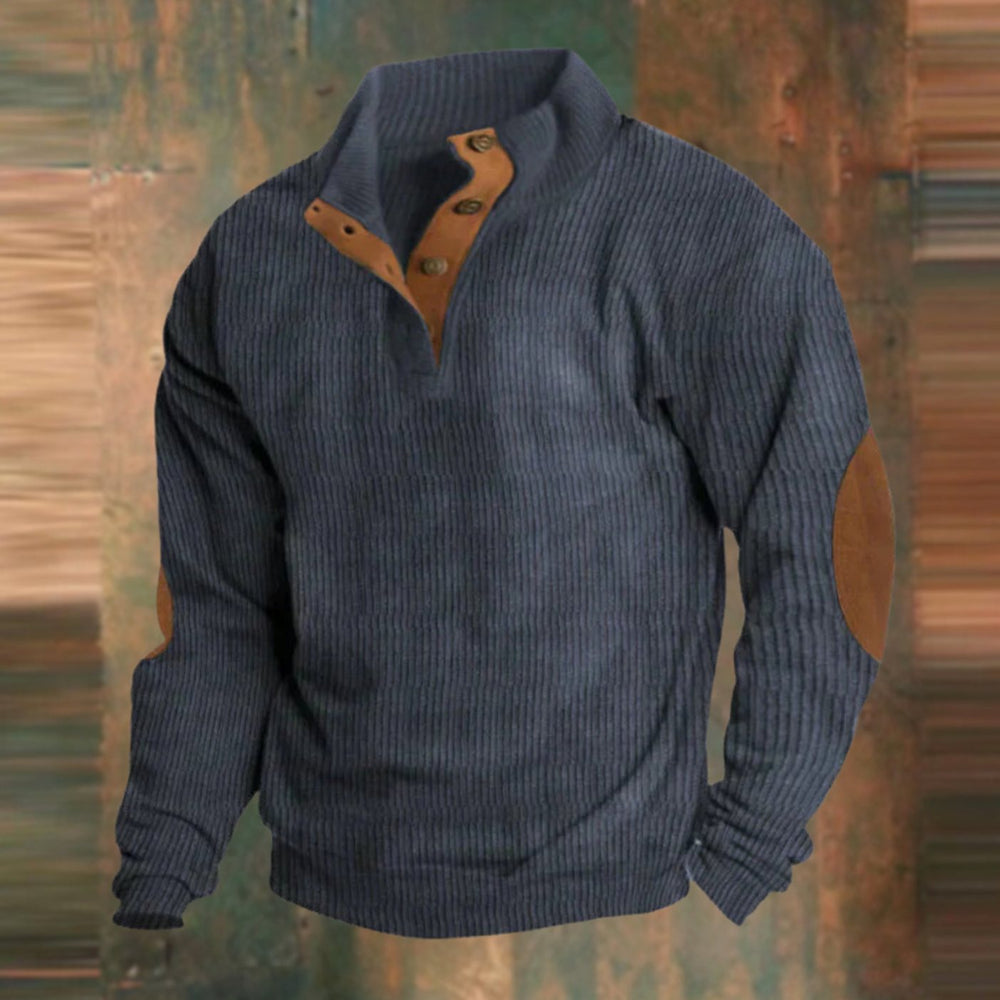 Men's Ribbed Button-Collar Elbow-Patch Pullover Jumper