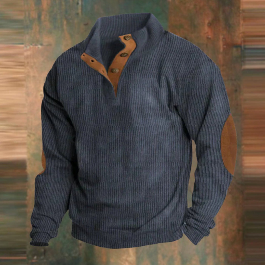 Men's Ribbed Button-Collar Elbow-Patch Pullover Jumper