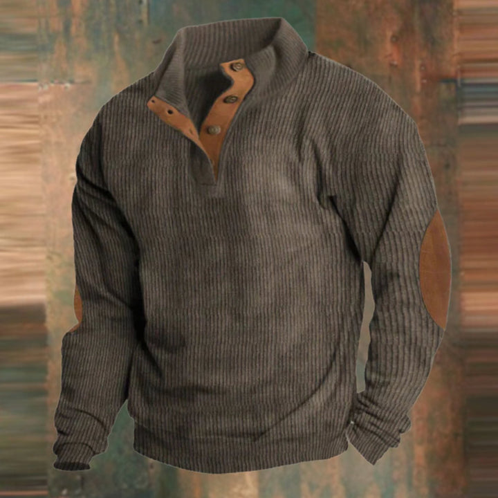 Men's Ribbed Button-Collar Elbow-Patch Pullover Jumper