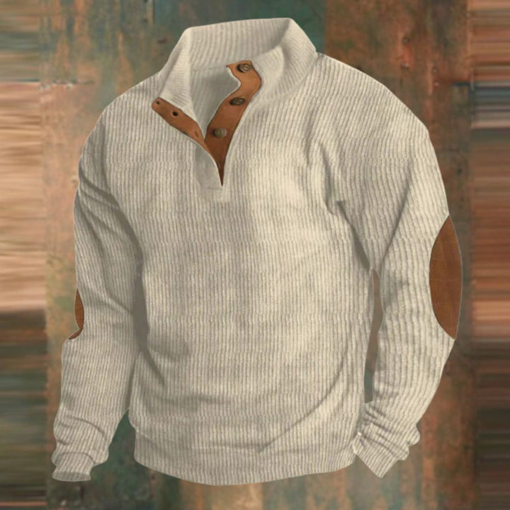Men's Ribbed Button-Collar Elbow-Patch Pullover Jumper