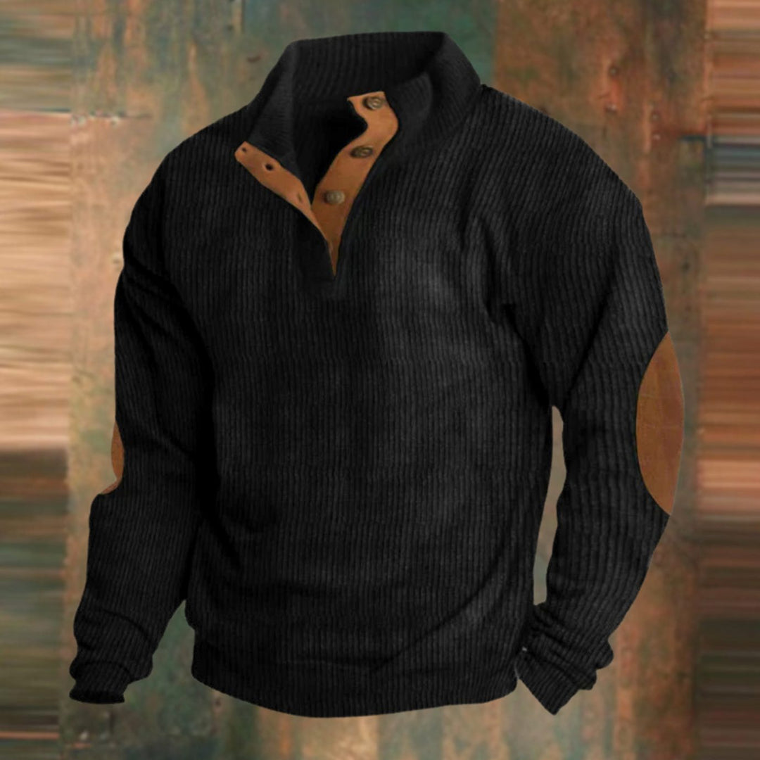 Men's Ribbed Button-Collar Elbow-Patch Pullover Jumper