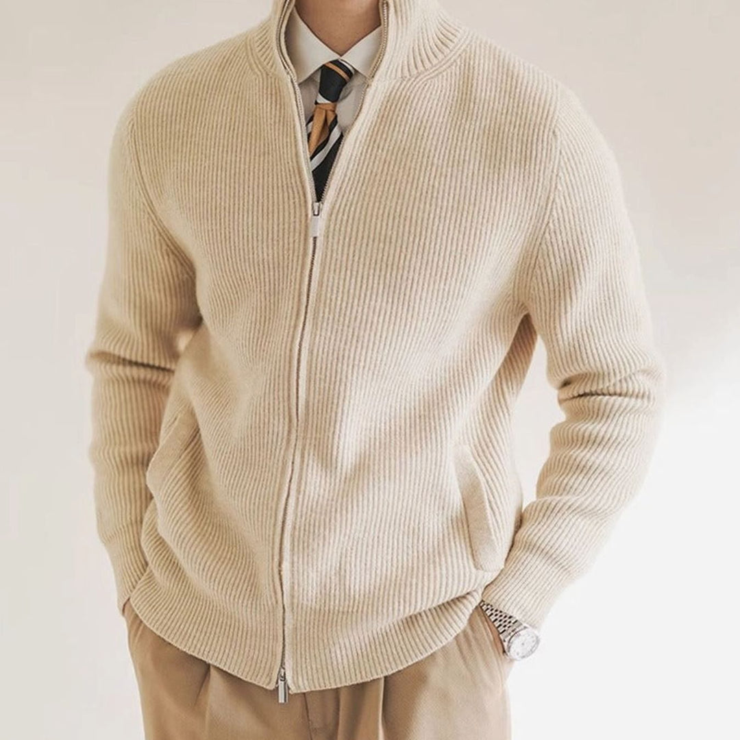 Men's Ribbed Full-Zip Stand-Collar Knit Cardigan