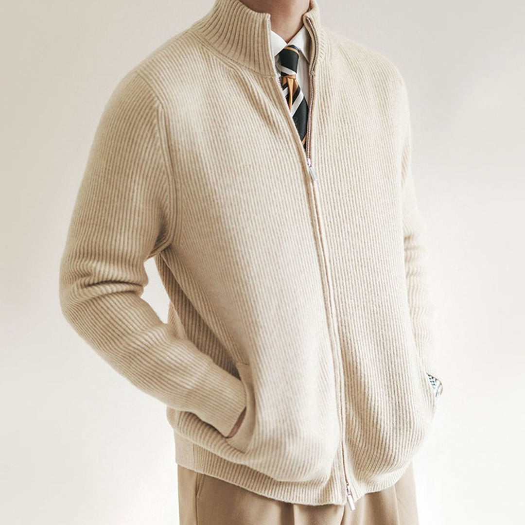 Men's Ribbed Full-Zip Stand-Collar Knit Cardigan