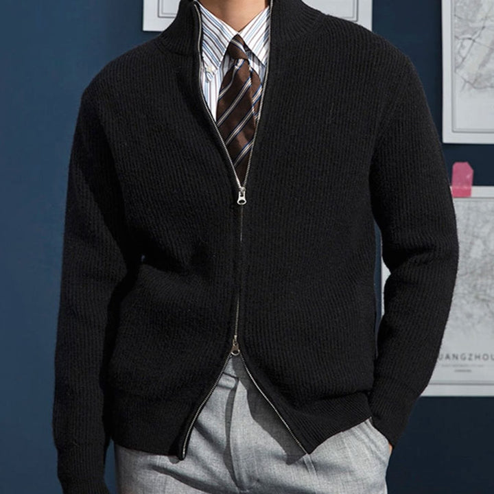 Men's Ribbed Full-Zip Stand-Collar Knit Cardigan