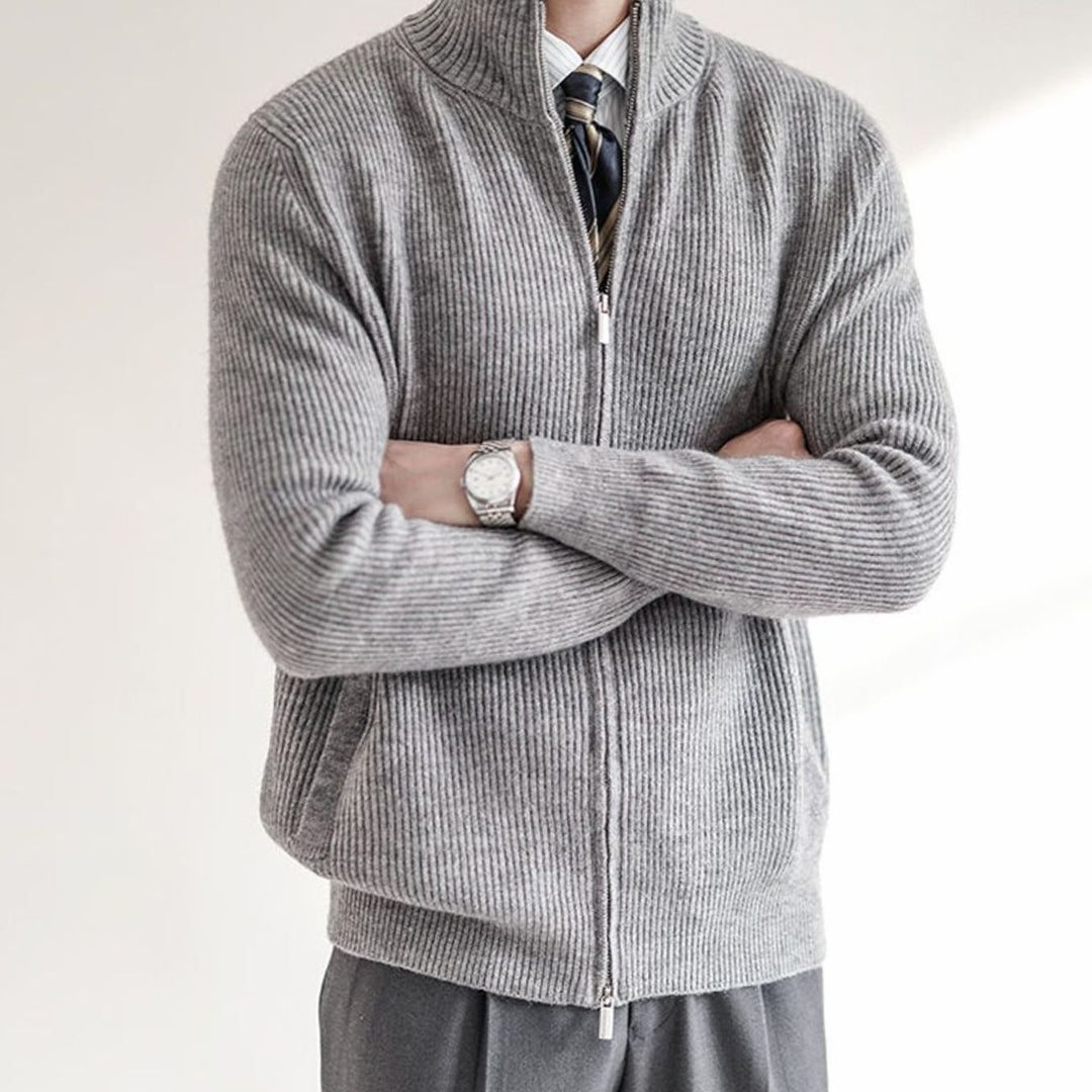 Men's Ribbed Full-Zip Stand-Collar Knit Cardigan