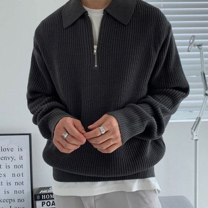 Men's Ribbed Knit Half-Zip Polo Collar Jumper