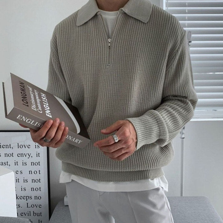 Men's Ribbed Knit Half-Zip Polo Collar Jumper
