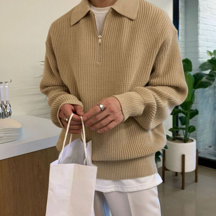 Men's Ribbed Knit Half-Zip Polo Collar Jumper