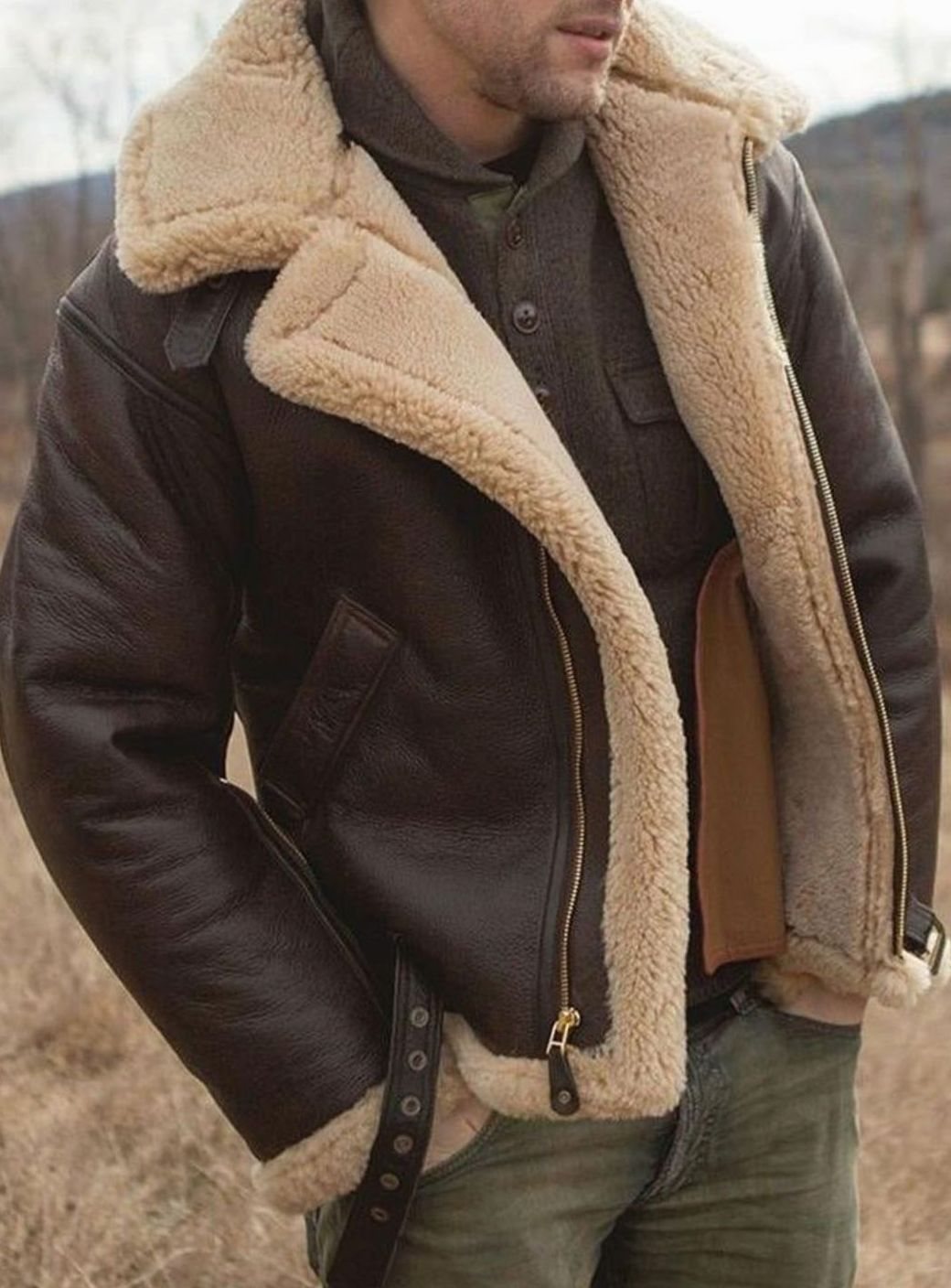 Men's Shearling-Lined Aviator Leather Zip Jacket