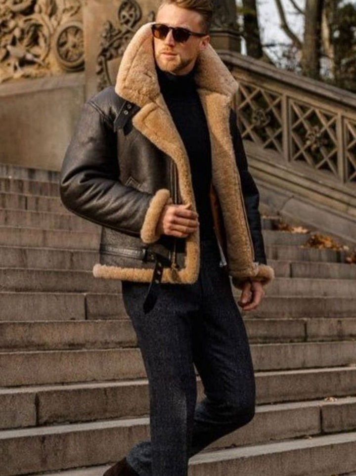 Men's Shearling-Lined Aviator Leather Zip Jacket