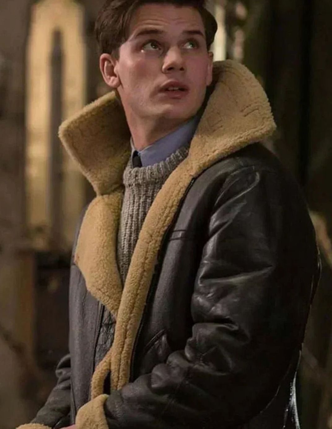 Men's Shearling-Lined Aviator Leather Zip Jacket