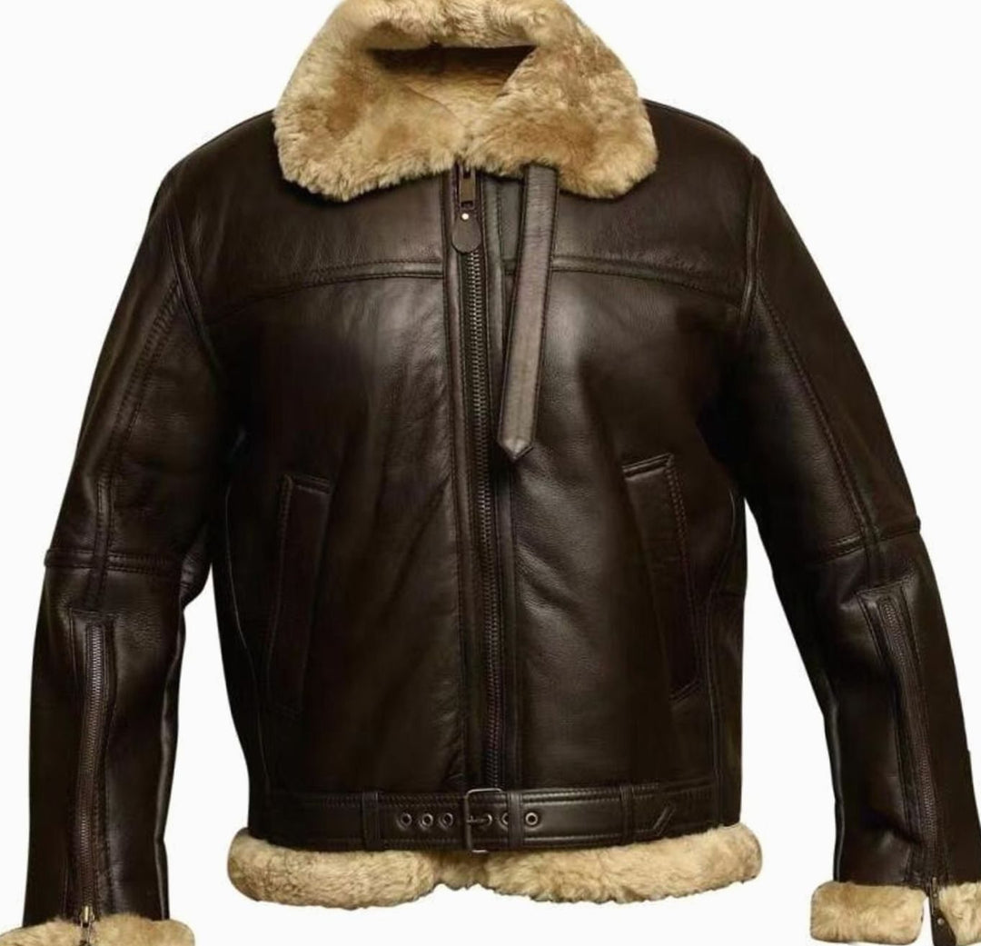 Men's Shearling-Lined Aviator Leather Zip Jacket