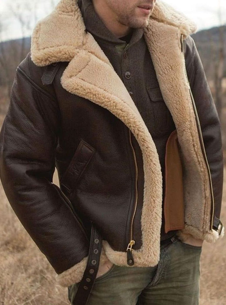Men's Shearling-Lined Aviator Leather Zip Jacket