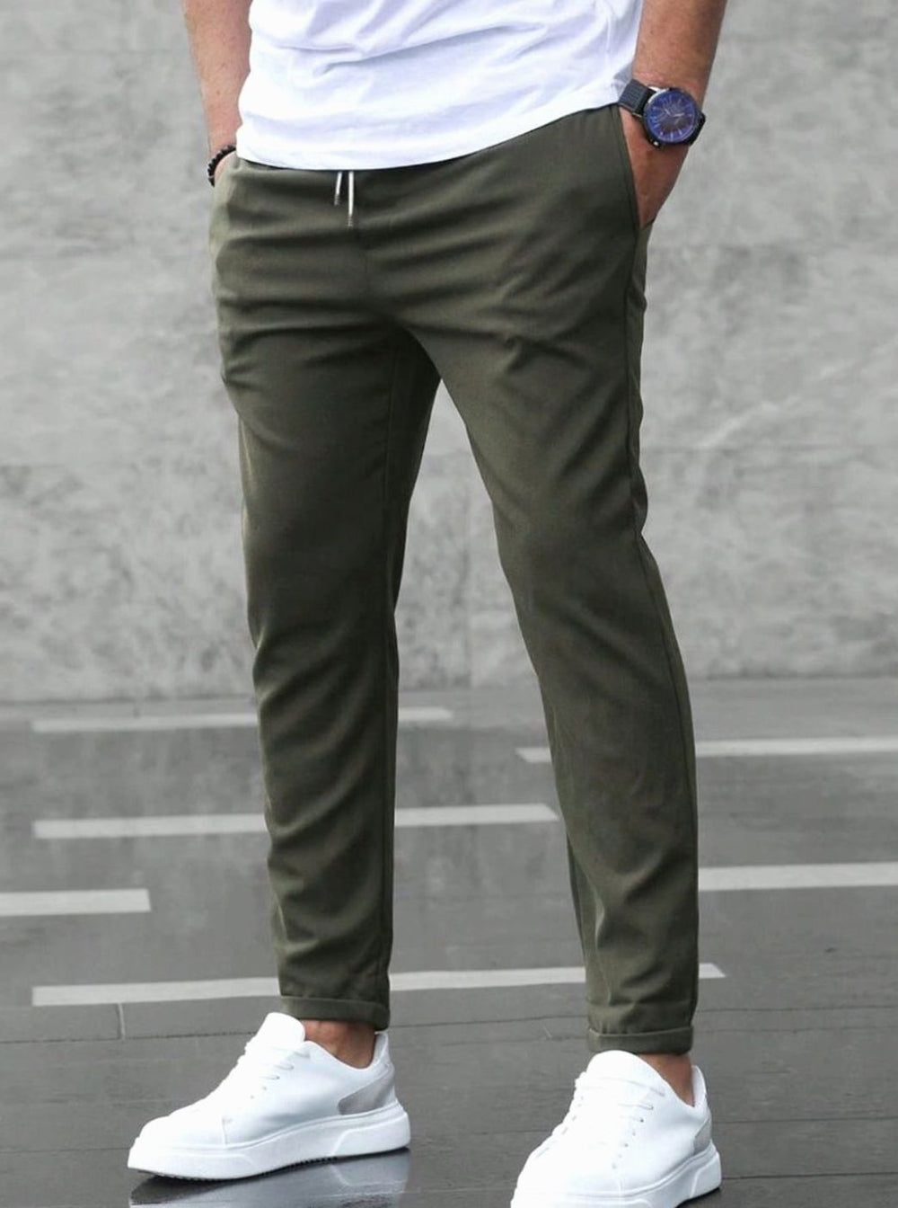 Men's Slim-Fit Ankle-Length Drawstring Jogger Chino Trousers