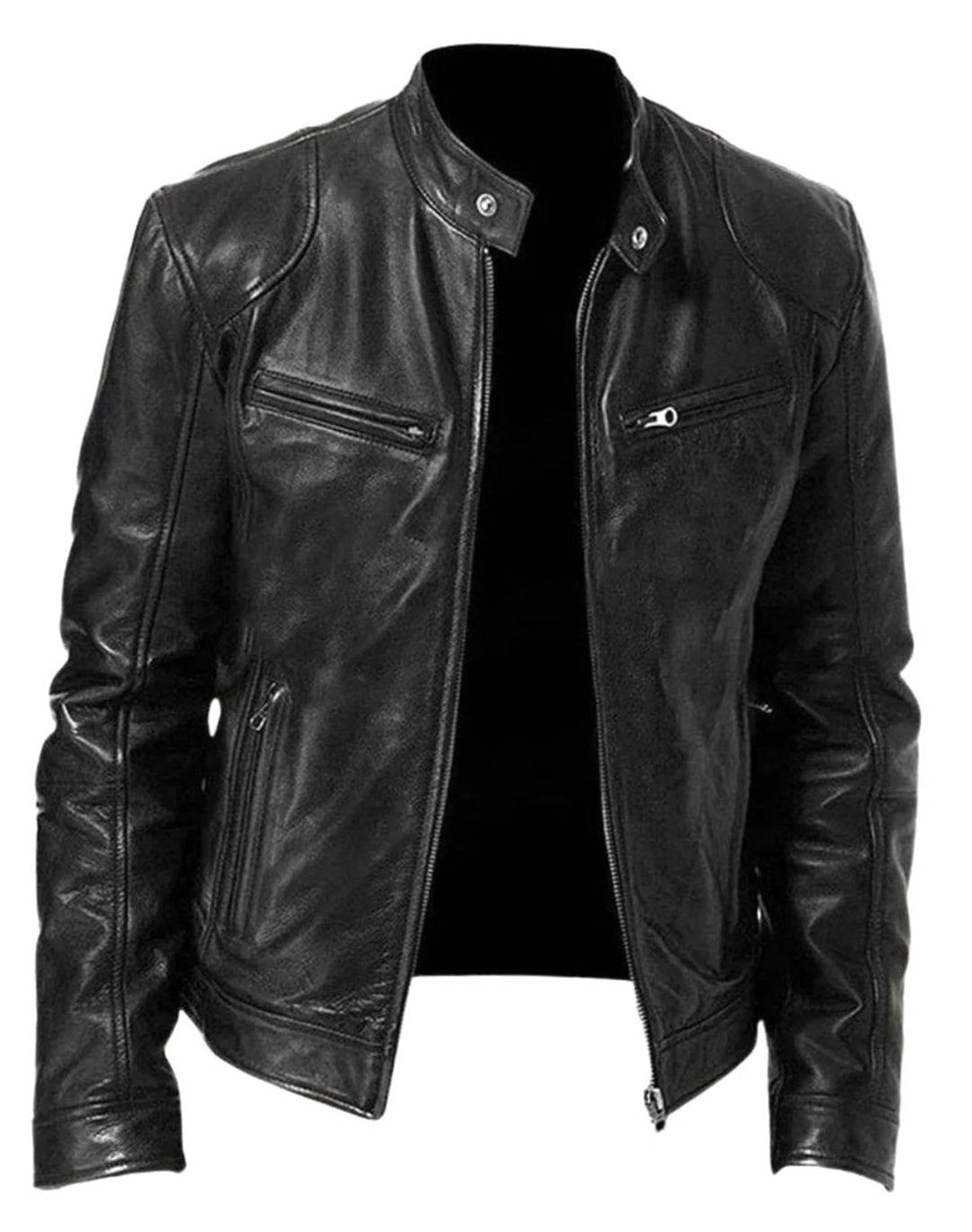 Men's Slim-Fit Faux Leather Biker Jacket Stand Collar