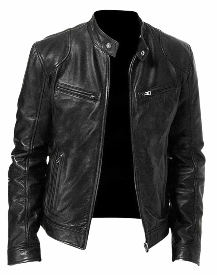 Men's Slim-Fit Faux Leather Biker Jacket Stand Collar