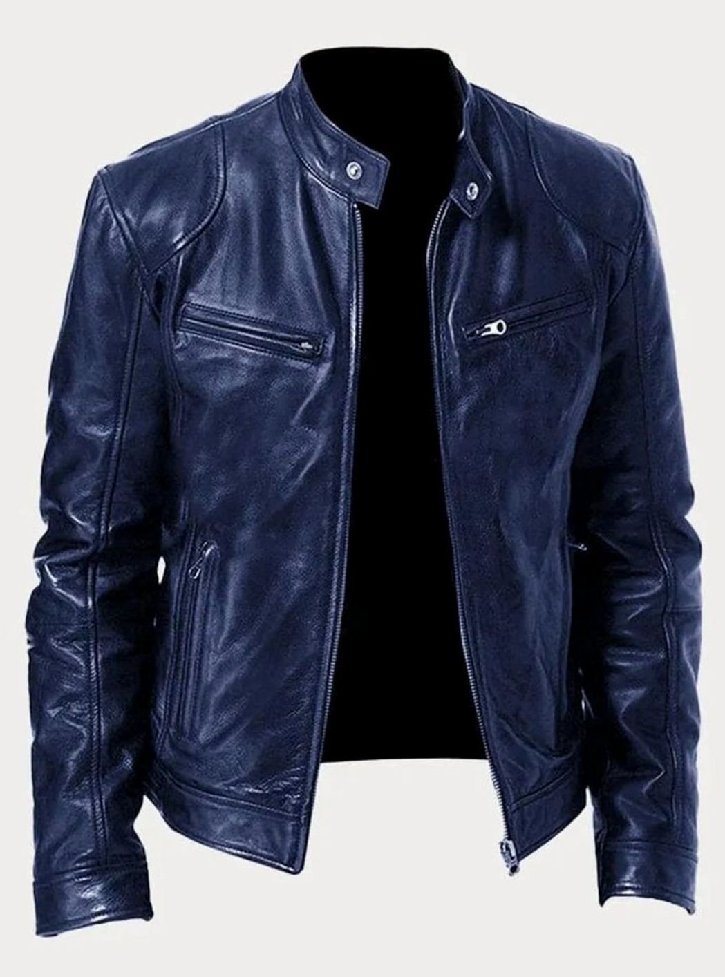 Men's Slim-Fit Faux Leather Biker Jacket Stand Collar
