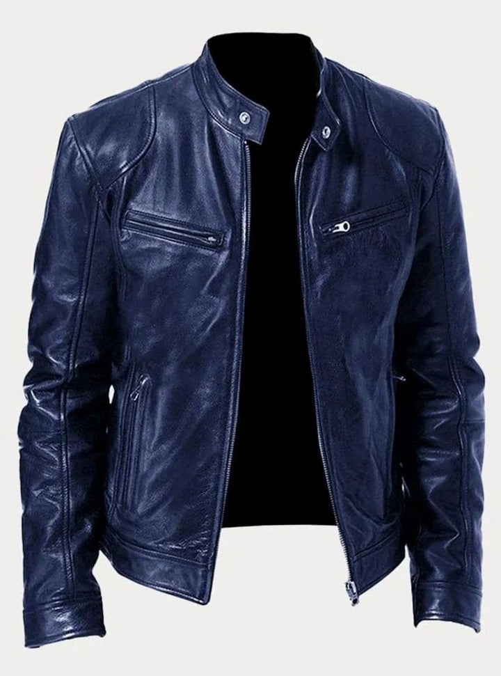 Men's Slim-Fit Faux Leather Biker Jacket Stand Collar