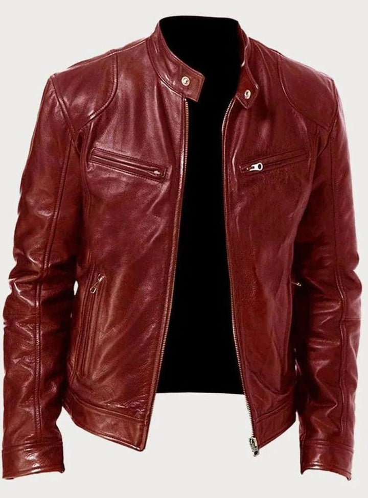 Men's Slim-Fit Faux Leather Biker Jacket Stand Collar