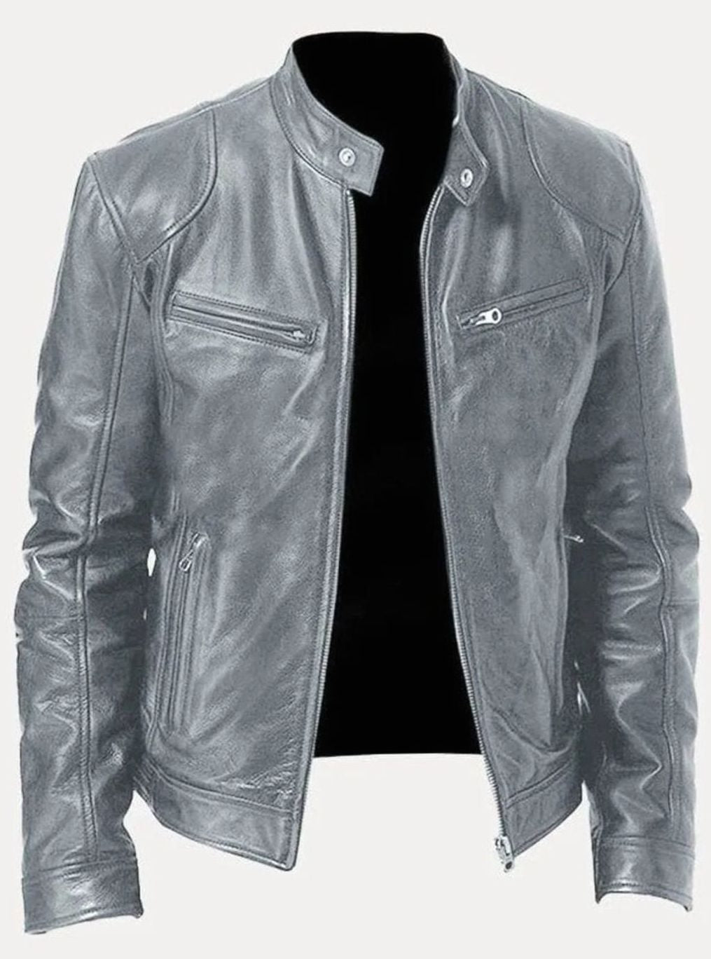 Men's Slim-Fit Faux Leather Biker Jacket Stand Collar